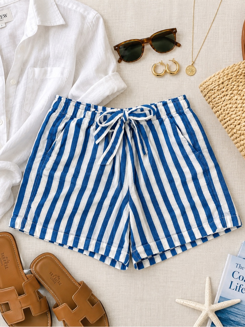 J. Crew Blue and White Vertical Stripe High-Waist Drawstring Shorts